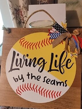Living Life By The Seams Yellow & White Baseball Wall Sign.